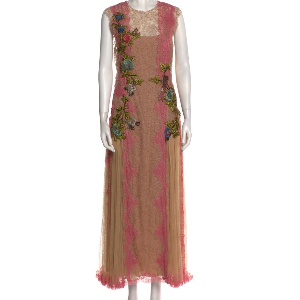 Alberta Ferretti Lace Floral Embroidered Dress Pink Nude Pleated Panels, IT42
